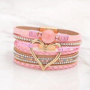 Pink Boho Layered Heart Charm Bracelet Rhinestone Gold Accent Wrap